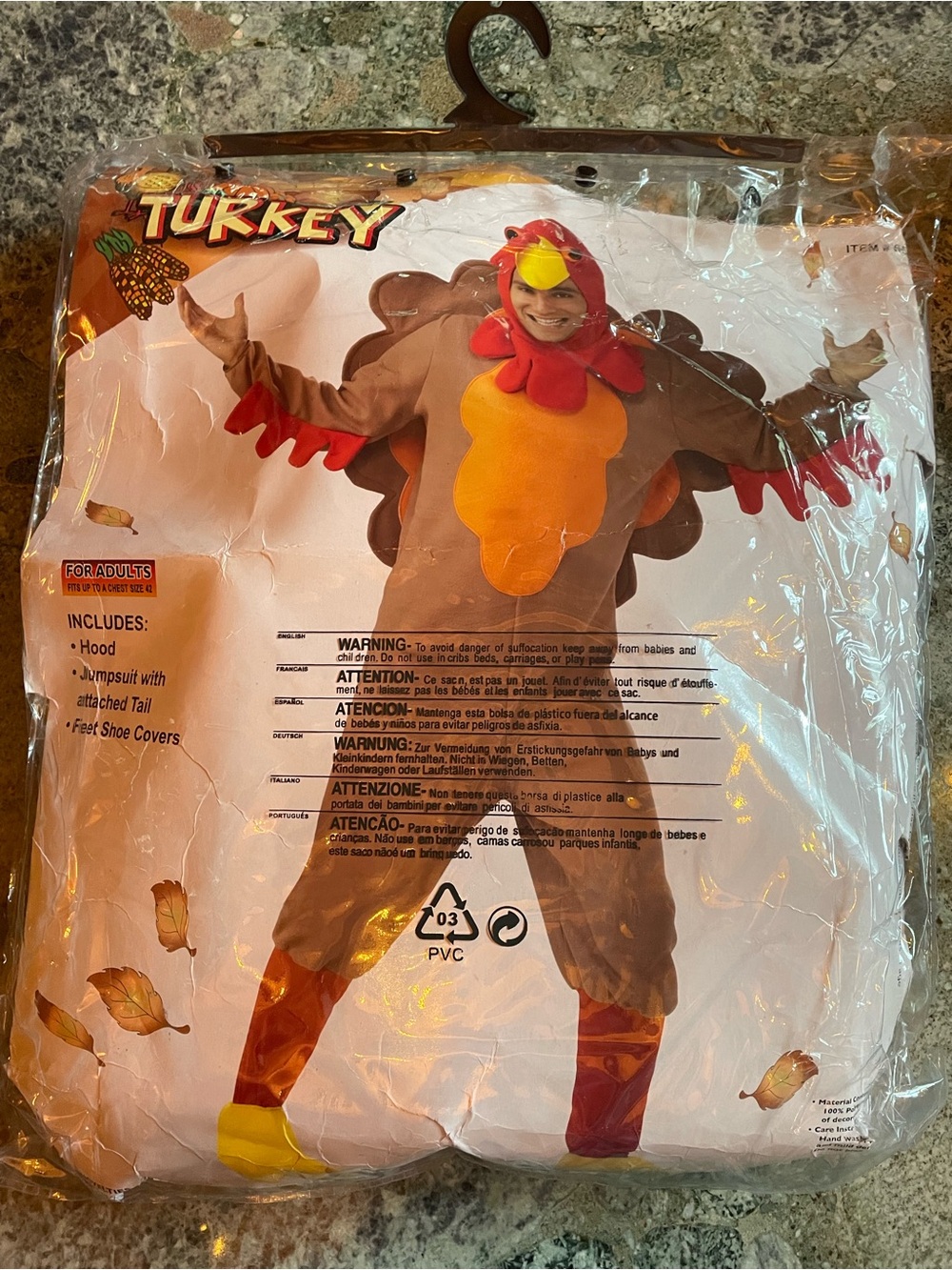 Adult unisex Turkey Costume Jumpsuit with Hood - Brown, Red & Yellow